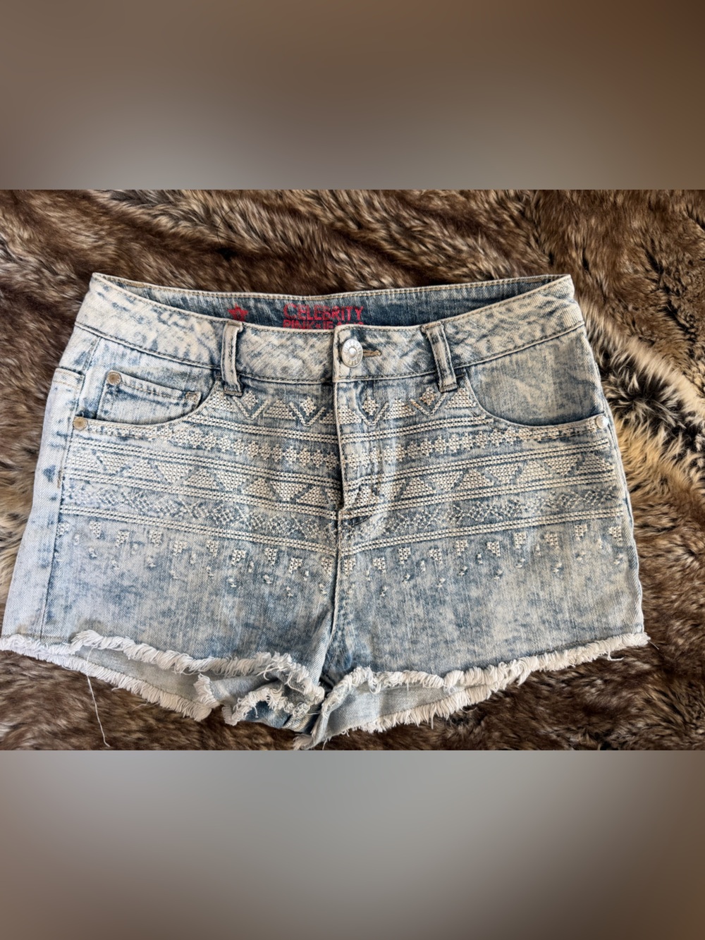 Celebrity Pink Light Wash Embroidered Denim Shorts